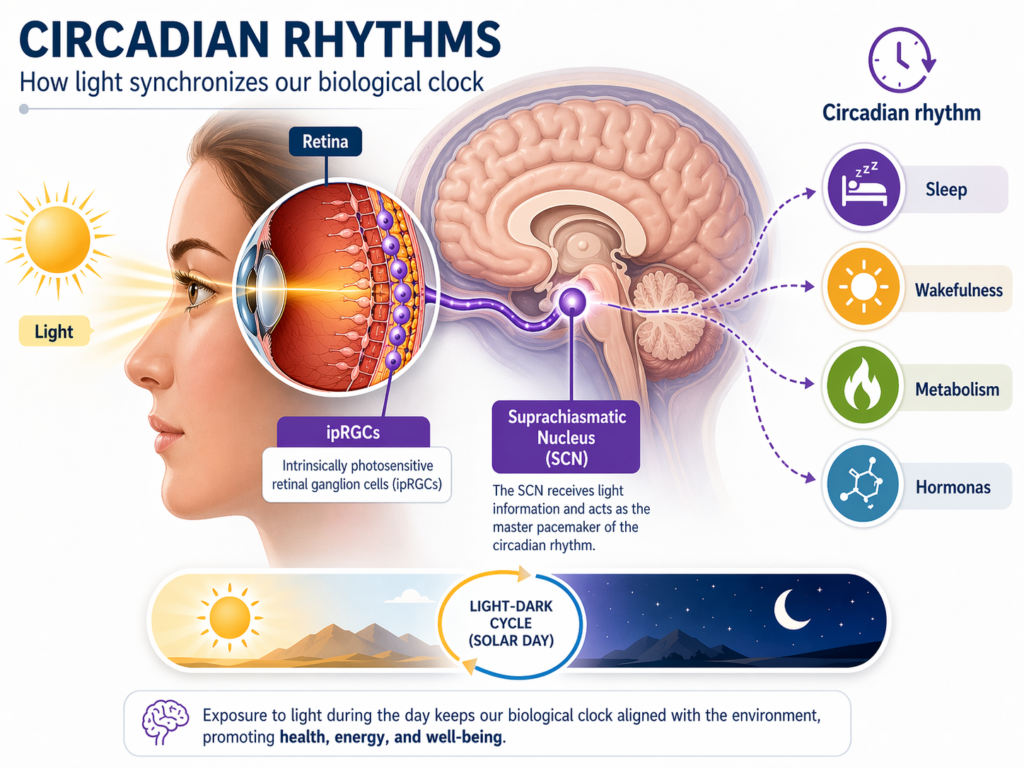 morning light and sleep diagram showing how the retina, ipRGCs, and the suprachiasmatic nucleus regulate circadian rhythm